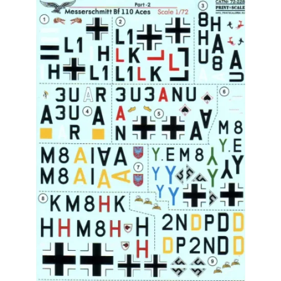 DECAL FOR MESSERSCHMITT BF 110 ACES, PART 2 1/72 PRINT SCALE 72-228