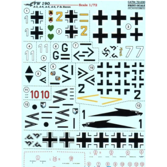 DECAL FOR FW 190 A-3, A-4, A-5, A-6, F RECON 1/72 PRINT SCALE 72-230