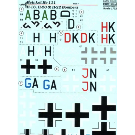 DECAL FOR HE 111 H-16, H-20 H-22 BOMBERS 1/72 PRINT SCALE 72-231
