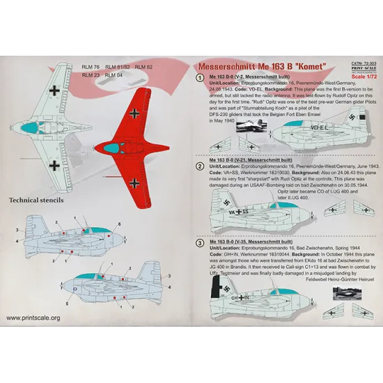 DECAL 1/72 FOR MESSERSCHMITT ME.163 KOMET PRINT SCALE 72-303